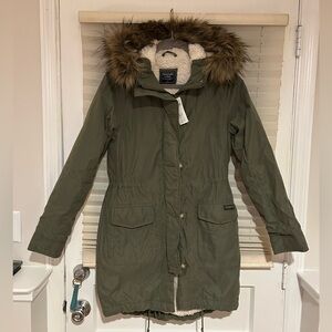 Abercrombie & Fitch Olive Utility Jacket with Faux Fur Hood